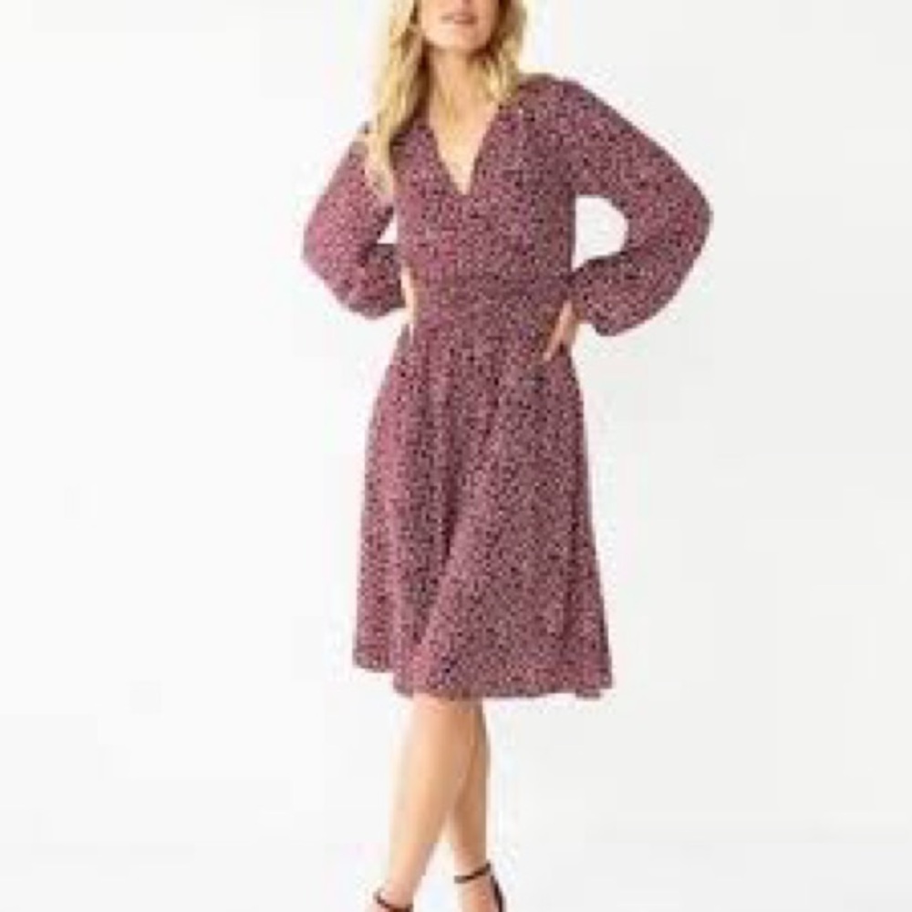 Draper James rsvp burgundy maroon ditsy leaves cinched waist long sleeve dress